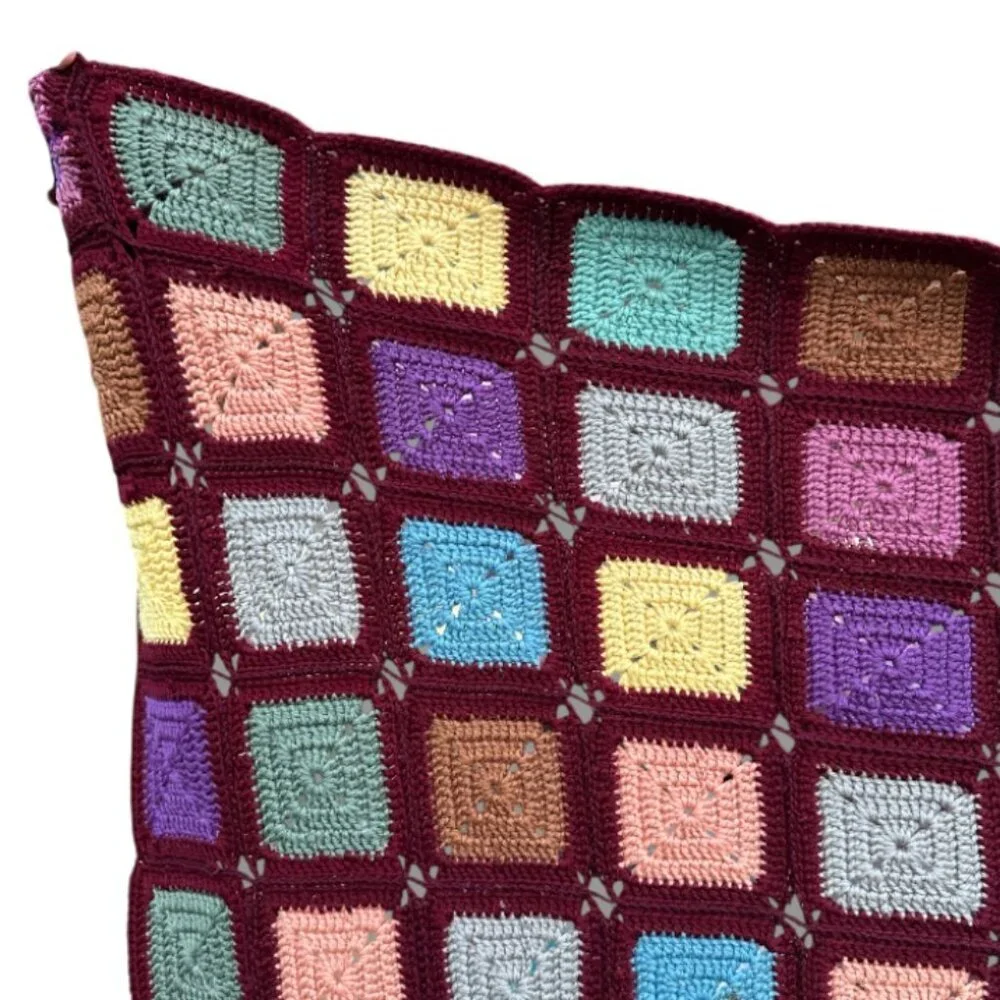 Vintage‎ Burgundy Colorful Granny Square Afghan Blanket Crochet Throw 52